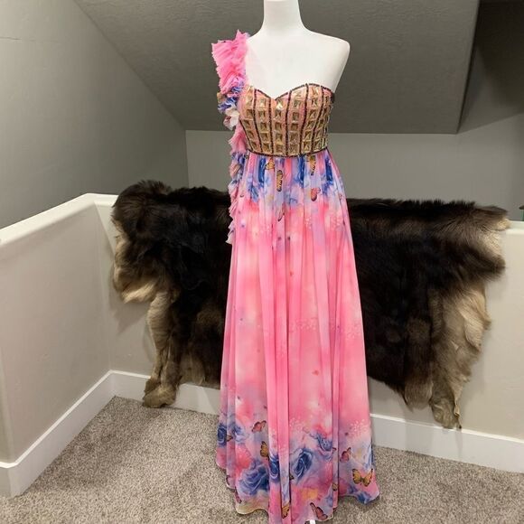 New One-Shoulder Floral Print Chiffon Gown With Beads - Picture 1 of 15